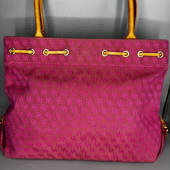 DOONEY BOURKE LARGE SATCHEL DARK PINK CANVAS LIGHT PINK "DB" LOGO WITH TAN TRIM - Picture 2 of 10